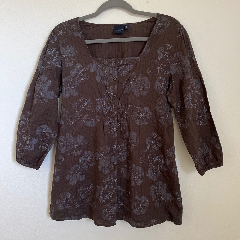 Sonoma Brown Floral square neckline Peasant Blouse Boho Cottage-core Tie Back L